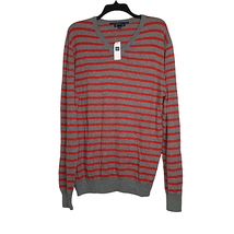 Gap V-Neck Sweater Size XL Gray Red Striped Pullover 100% Cotton Knit Mens Knit - £15.58 GBP