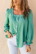 Green Flounce Sleeve Square Neck Button-Up Shirt - £17.66 GBP