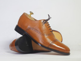 Handmade Men&#39;s Tan Cap Toe Brogue Leather Lace Up Shoes, Men Designer Shoes - £116.61 GBP