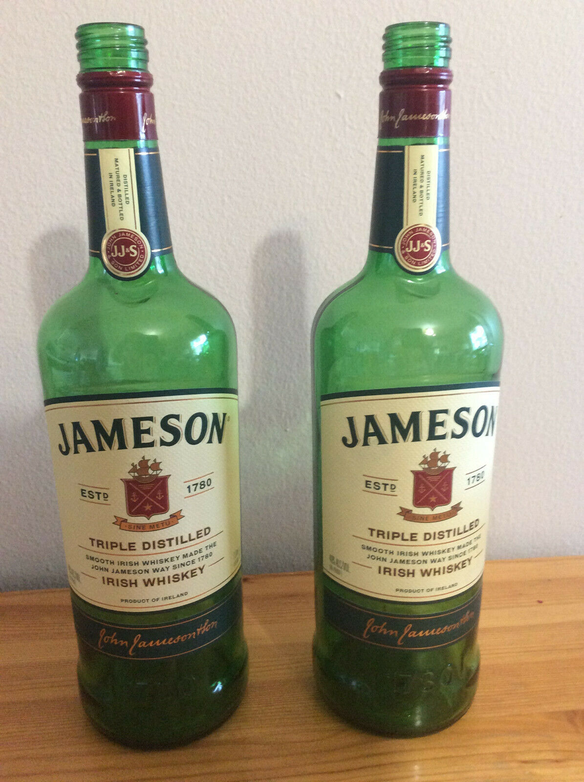 2 JAMESON TRIPLE DISTILLED IRISH WHISKEY EMPTY BOTTLES - 1 LITRE - NO CAPS - $26.80