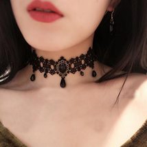 Women Tassel Punk Crystal Pendant Victorian Tattoo Necklace Black Lace Collar Go - £8.00 GBP