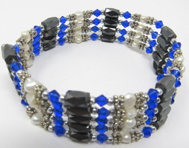 Magnet Hematite Bracelet Blue Crystals Natural Pearl Beads 38&quot; Wrap Rope    #631 - £3.92 GBP