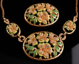 Vintage enamel necklace set - flower brooch - demi Parure - hand painted - rhine - £97.78 GBP