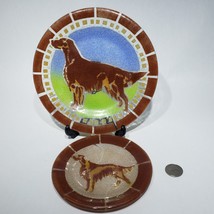 JR Silva 7.5&quot; and 5.5&quot; Irish Setter Dog Round Fused Art Glass Plates Sig... - £47.03 GBP