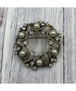 Vintage Signed Monet Faux Pearl Crystal Rhinestone Wreath Brooch - £14.18 GBP