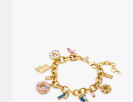 Kate Spade Coffee Break 12-K Gold Plated Brass CZ Crystals Charm Bracelet NWT - £77.87 GBP