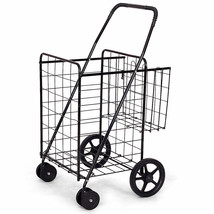 Folding Shopping Cart Jumbo Basket Grocery Laundry Travel w/Swivel Wheels Black - £80.72 GBP
