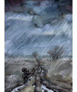 Traveler Man Rain Road Autumn Landscape Art Watercolor Painting conceptual  - £66.45 GBP