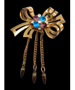 Gold Tones Metal Bow Brooch with Round Blue Purple Clear Rhinestones Vin... - $25.96