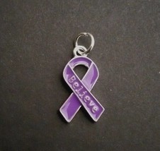 Purple Believe Silver Plated Ribbon Cancer Awareness Survivor Charm 3/4&quot; Tall - £7.89 GBP