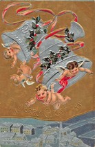 Flying CHERUBS-SILVER BELLS-VILLAGE SCENE-GILT Embossed~Merry Christmas Postcard - £5.59 GBP