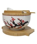 White Ume Plum Blossoms Donburi Ramen Bowl With Lid Trivet Spoon Chopsti... - €34,31 EUR