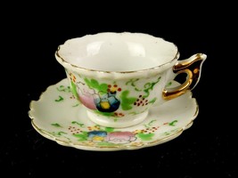 Miniature Porcelain Teacup &amp; Saucer, Pink &amp; Purple Floral, Gold Trim, Scalloped - £11.52 GBP