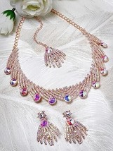 Gold Plated Rainbow Stones Collar Bone Necklace Set Kundan Jewelry Earring - £17.82 GBP