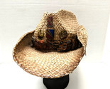 Distressed Straw Cowboy Hat 7 1/4 Shapeable Brim Feather Band w/ Vtg Pins - $27.67