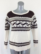 American Eagle Women&#39;s Small Long Sleeve Scoop Neck Ivory Brown Knit Swe... - $12.86