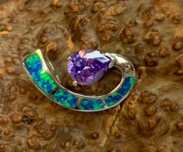 Sterling Silver Pendant 4.26g Fine Jewelry Blue Opal &amp;Amethyst Color Stone Charm - £27.65 GBP