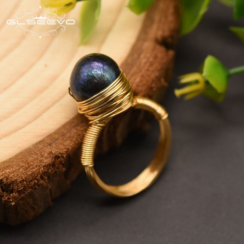 GLSEEVO Natural Fresh Water Baroque Black Pearl Rings For Women Girl Lovers‘ Wed - £21.27 GBP