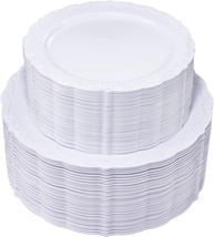 U-QE 100 Pieces White Plastic Plates 50 Dinner 10.25 &#39;&#39; 50 Dessert 7.5 &#39;&#39; - £22.41 GBP