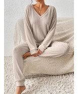 Women&#39;s Solid Ribbed Lounge Set-Casual V Neck Top &amp; Pants for Stylish Sl... - £18.86 GBP