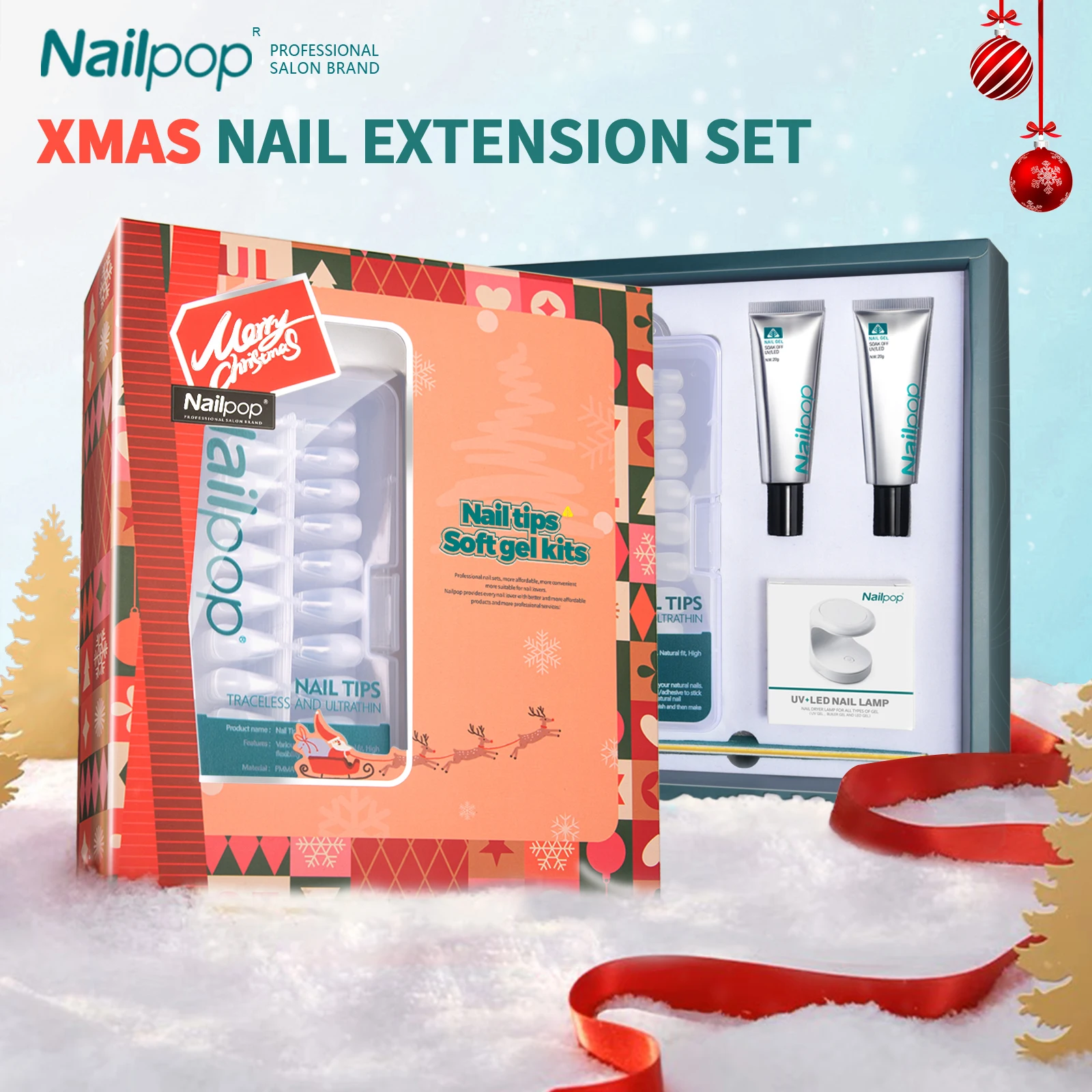 Nailpop Christmas Nail Art Kit Xmas Fake Nail Tips Set Portable UV LED Lamp Soft - £18.69 GBP+