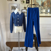 Vintage 70s 2pc Blue White Wide Leg High Rise Pants Crop Top S M 4 6 - $48.60