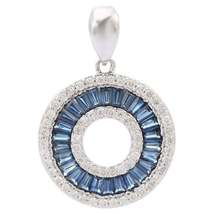 14K Solid White Gold Circle Designer 1.12 Ct Blue Sapphire and Diamond Pendant - £1,116.62 GBP