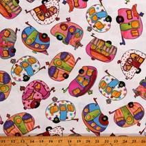 Cotton Trailers Camping Vacation Colorful White Fabric Print by Yard D412.11 - £11.15 GBP