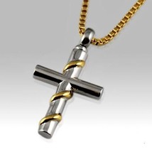Stainless Steel Cross w Gold Wire Funeral Cremation Urn Memorial Pendant Jewelry - £79.91 GBP