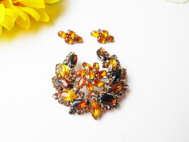 Juliana Brooch Earring Set Vintage Yellow &amp; Amber Swarovski Crystal Rhinestones - £67.94 GBP