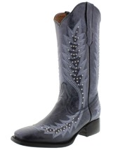 Womens Denim Blue Western Cowboy Boot Silver Studded Embroidered Square Size 5.5 - £64.08 GBP