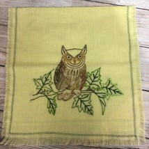 Vintage 1970s Embroidered OWL Yellow Cotton Linen Fringed Tea Towel 29x14 - £13.00 GBP