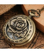 Antique Bronze Rose Flower Quartz Pocket Watch Necklace Pendant Chain Gi... - £3.72 GBP