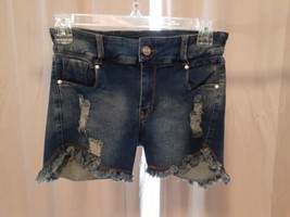 Next Girls Size 12 Distressed Denim Shorts Zipup Pockets Stretch Fringe Hem - £10.19 GBP