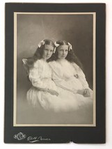 Antique Photo on Board Creepy Twin Girls with Long Hair &amp; Bows Spooky Back Side - £21.35 GBP
