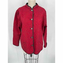 Chico&#39;s Reversible Quilted Jacket Sz 2 (M) Red Dark Gray Denim Floral - $39.20