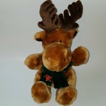 Dan Dee Brown Moose Plush 15&quot; Stuffed Animal Toy Reindeer Green Poinsettia Scarf - £19.74 GBP