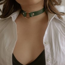 Green Leather Oria Day Collar with Gold O-Ring &amp; Hardware BDSM Sub Choker Style - £35.96 GBP