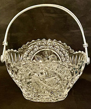 Pressed Glass Shaped Basket w Metal Handle w Etched Parrot  6-1/4&quot; Tall w Handle - £27.30 GBP