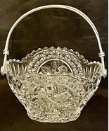 Pressed Glass Shaped Basket w Metal Handle w Etched Parrot  6-1/4&quot; Tall ... - $34.00