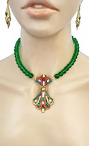 Deco Inspired Green Glass Beads &amp; Crystals Multicolor Necklace Jewelry Set - £24.24 GBP
