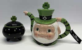 Johanna Parker Leprechaun Tea Pot &amp; Sugar Bowl W/ Lids~Magenta Carnival ... - $65.44