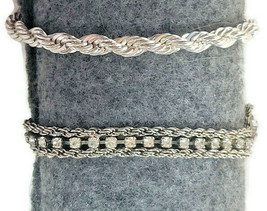 2 Silver Tone Bracelets Rope Chain &amp; Clear Crystal Sparkly Rhinestones  - £15.85 GBP