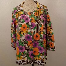 Handmade Floral Blouse M Pink Yellow Button Up Vintage 80s Tunic Long Sleeve - £12.50 GBP