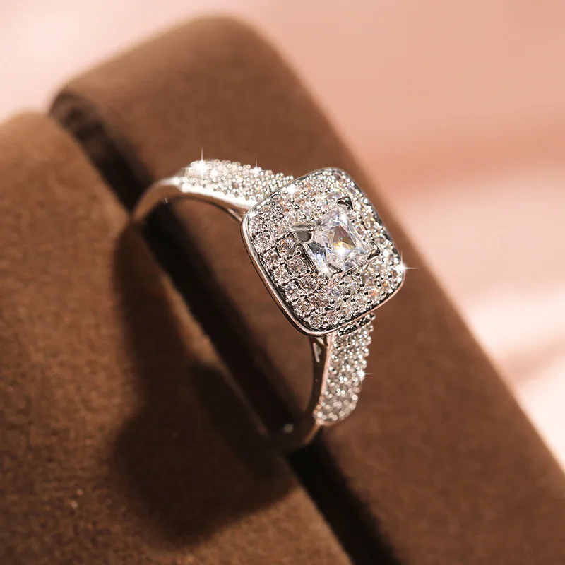 Luxury Silver Plate Wedding Engagement Cocktail Zircon Double-layer Finger Ring  - £12.73 GBP