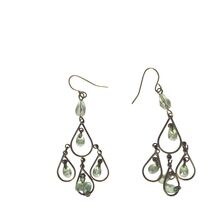 Vintage Brass Green Glass Teardrop Chandelier Earrings Boho Dangle - $21.48