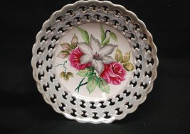 Old Vintage Pierced Round Decorative Bowl w Pink &amp; Gray Floral Pattern - £11.86 GBP