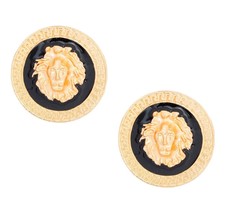 Fashion Black Epoxy Round Stud Greek Key Edge Lion Head Gold Plated Stud Earring - £19.27 GBP