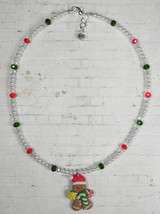 Gingerbread Man Necklace Holiday Glass Pearl Crystal Handmade Green Red New - $15.83