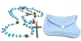 Rosary Turquoise Beads Catholic Crucifix Vintage Silvertone 18&quot; Pouch US... - £22.18 GBP